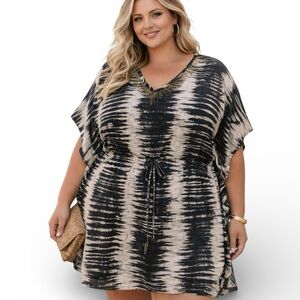 Calvin Klein Jeans Tie Dye Swim Cover Up Kaftan Black Cream Plus Size 0X
